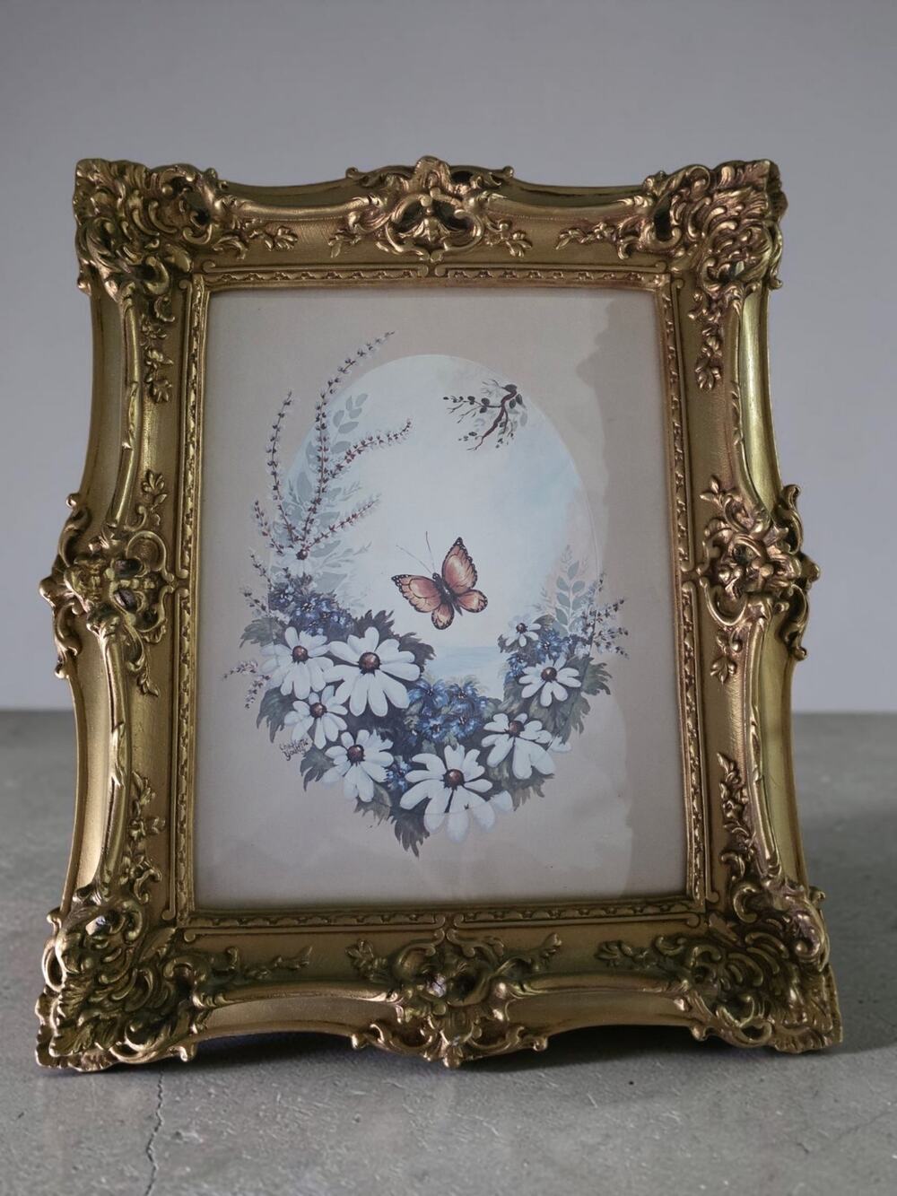 Ornate wooden Gold Rococo Picture Frame Floral Butterfly  Vintage Wall Decor
